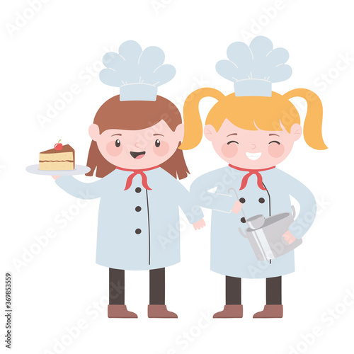chefs girls with cake and pot kitchen cartoon character