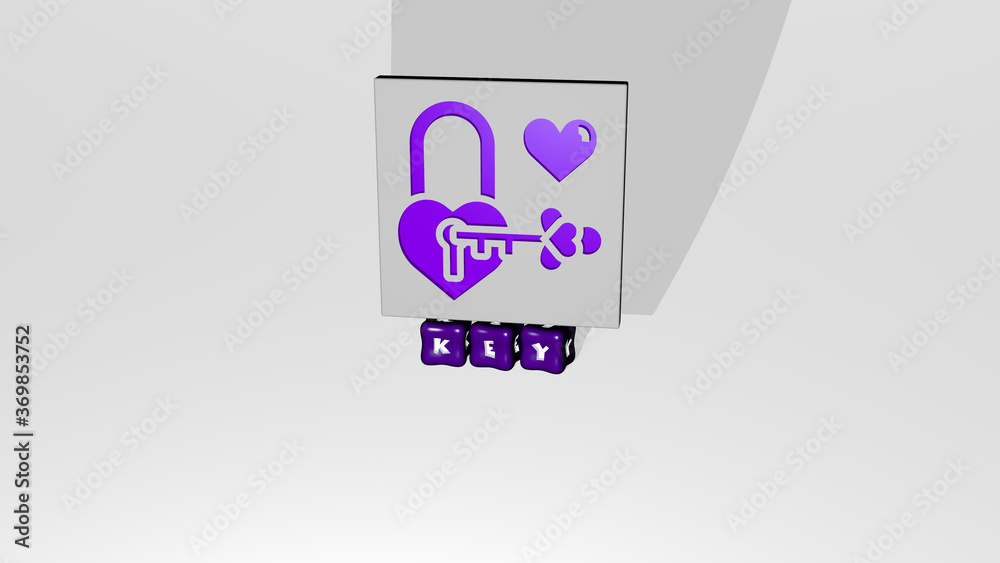 3D representation of key with icon on the wall and text arranged by metallic cubic letters on a mirror floor for concept meaning and slideshow presentation. background and illustration 3D representation of key with icon on the wall and text arranged by metallic cubic letters on a mirror floor for concept meaning and slideshow presentation. background and illustration