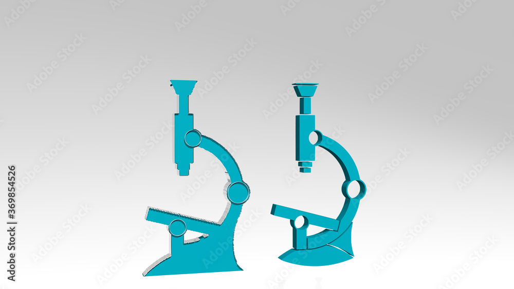 microscope from a perspective on the wall. A thick sculpture made of metallic materials of 3D rendering. biology and illustration microscope from a perspective on the wall. A thick sculpture made of metallic materials of 3D rendering. biology and illustration