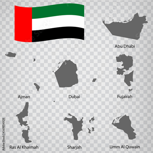 Seven Maps Regions of United Arab Emirates - alphabetical order with name. Every single map of Region UAE are listed and isolated with wordings and titles. EPS 10.