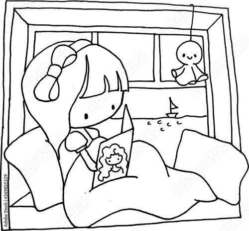 vector cartoon Girl reading in bed