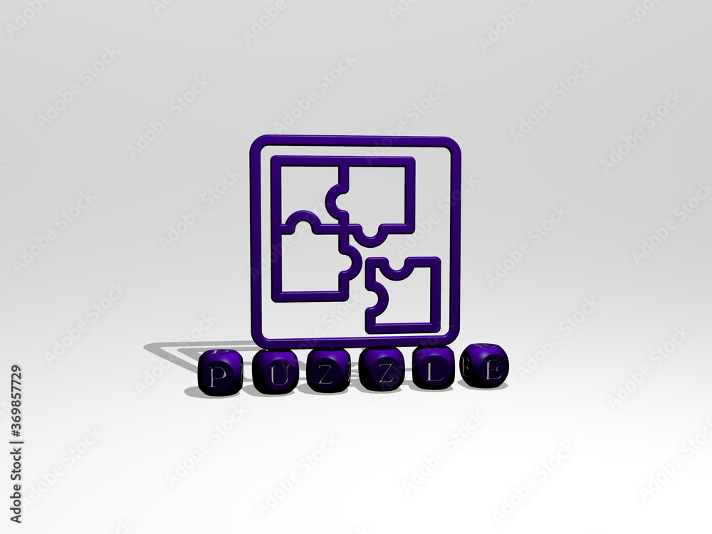 3D representation of puzzle with icon on the wall and text arranged by metallic cubic letters on a mirror floor for concept meaning and slideshow presentation. illustration and background 3D representation of puzzle with icon on the wall and text arranged by metallic cubic letters on a mirror floor for concept meaning and slideshow presentation. illustration and background