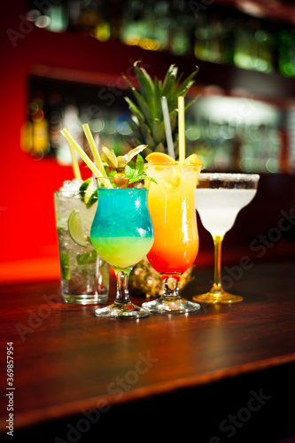 Alcohol drinks on bar table