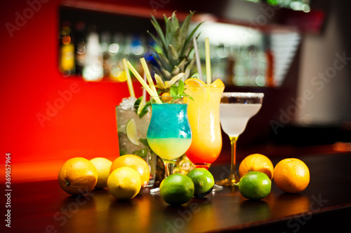 Alcohol drinks on bar table