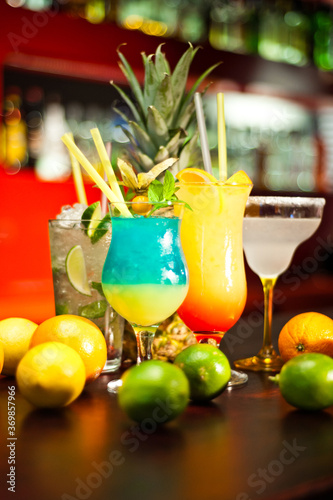 Alcohol drinks on bar table