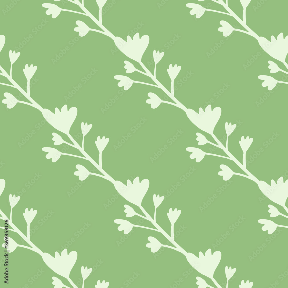 Minimalistic branches with flowers seamless pattern in pastel tones. Green background and light botanic elements.