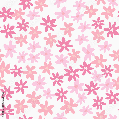 Isolated floral pattern with pink chamomile flowers on white background. Naive doodle backdrop.