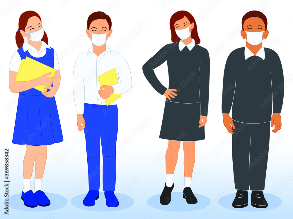 Diverse set of children in school uniform and face mask. Cute cartoon simple flat vector style. Back to school illustration. Diverse set of children in school uniform and face mask. Cute cartoon simple flat vector style. Back to school illustration.