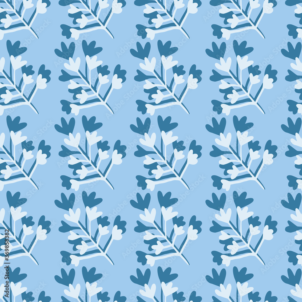 Winter seamless doodle pattern with botanic branch figures. Simple creative design in blue and white colors.