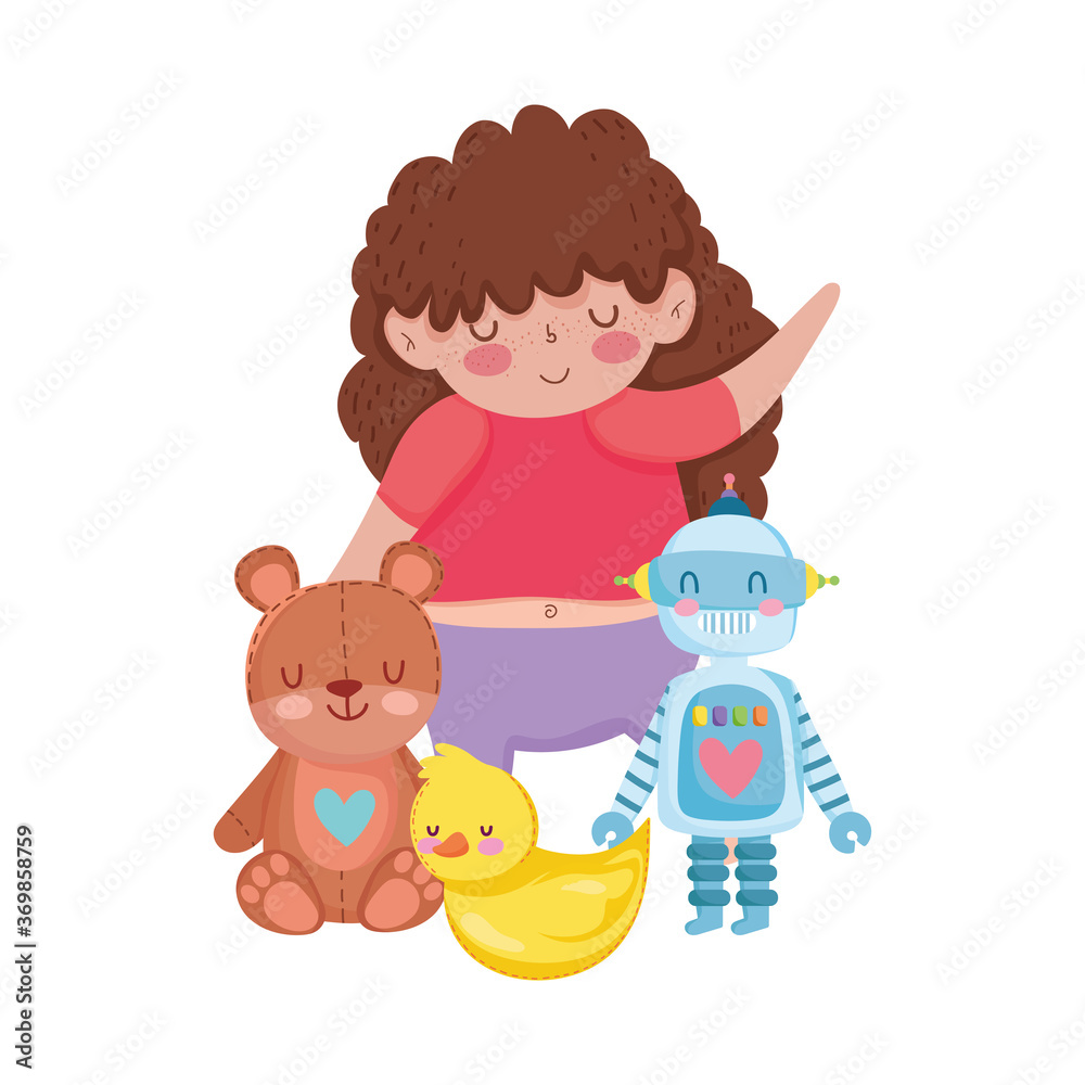 toys object for small kids to play cartoon, cute girl with teddy bear robot and duck toys object for small kids to play cartoon, cute girl with teddy bear robot and duck