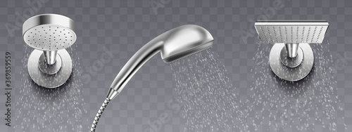 A set of realistic metal shower heads for the bathroom.