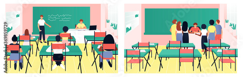 Classroom teaching set of teacher and pupils.
In the classroom, one of the students answers at the blackboard. Children gathered at the teacher's table. Flat vector illustration