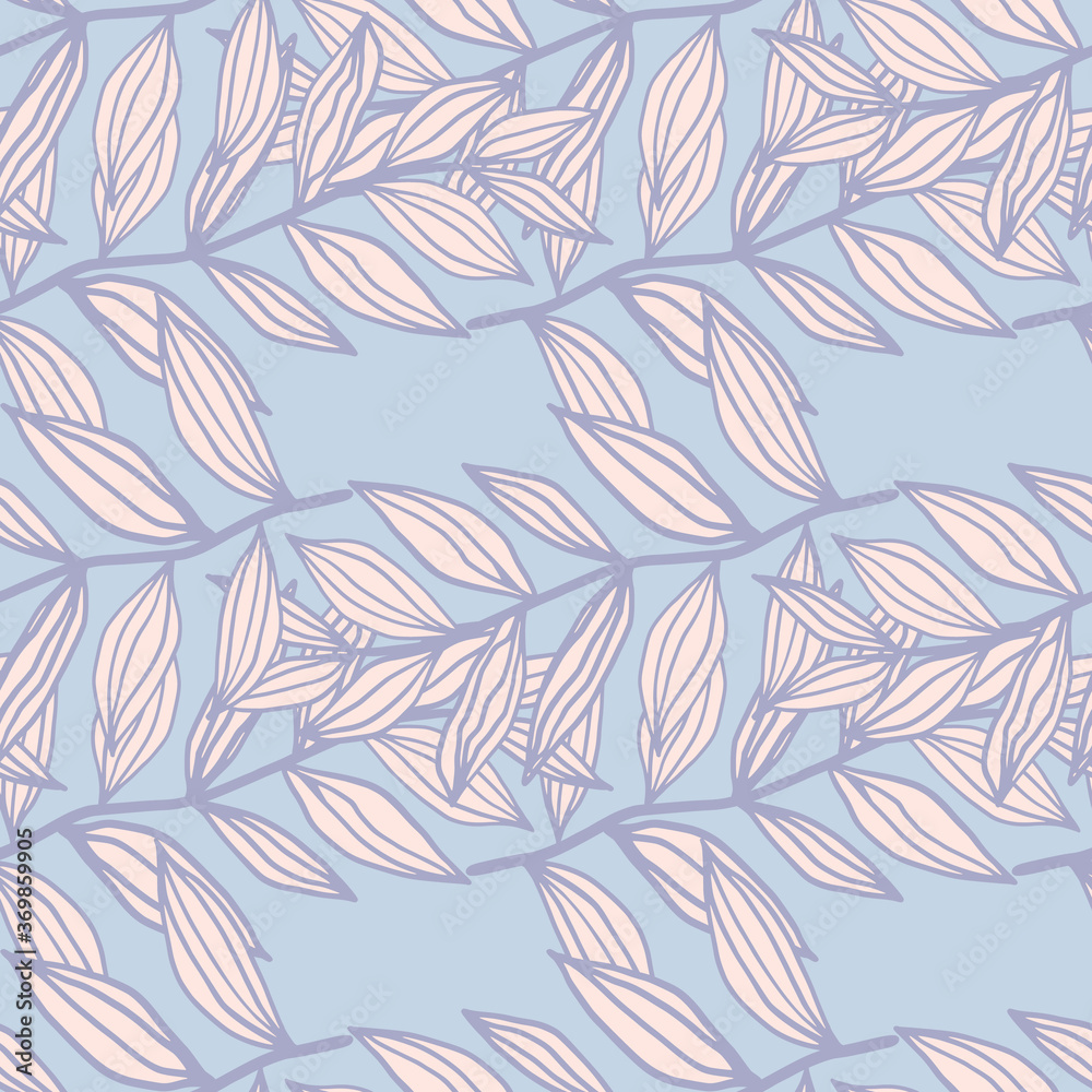 Spring seamless doodle pattern with outline foliage elements in pastel pink tones. Light blue background. Stylized creative artwork. Spring seamless doodle pattern with outline foliage elements in pastel pink tones. Light blue background. Stylized creative artwork.