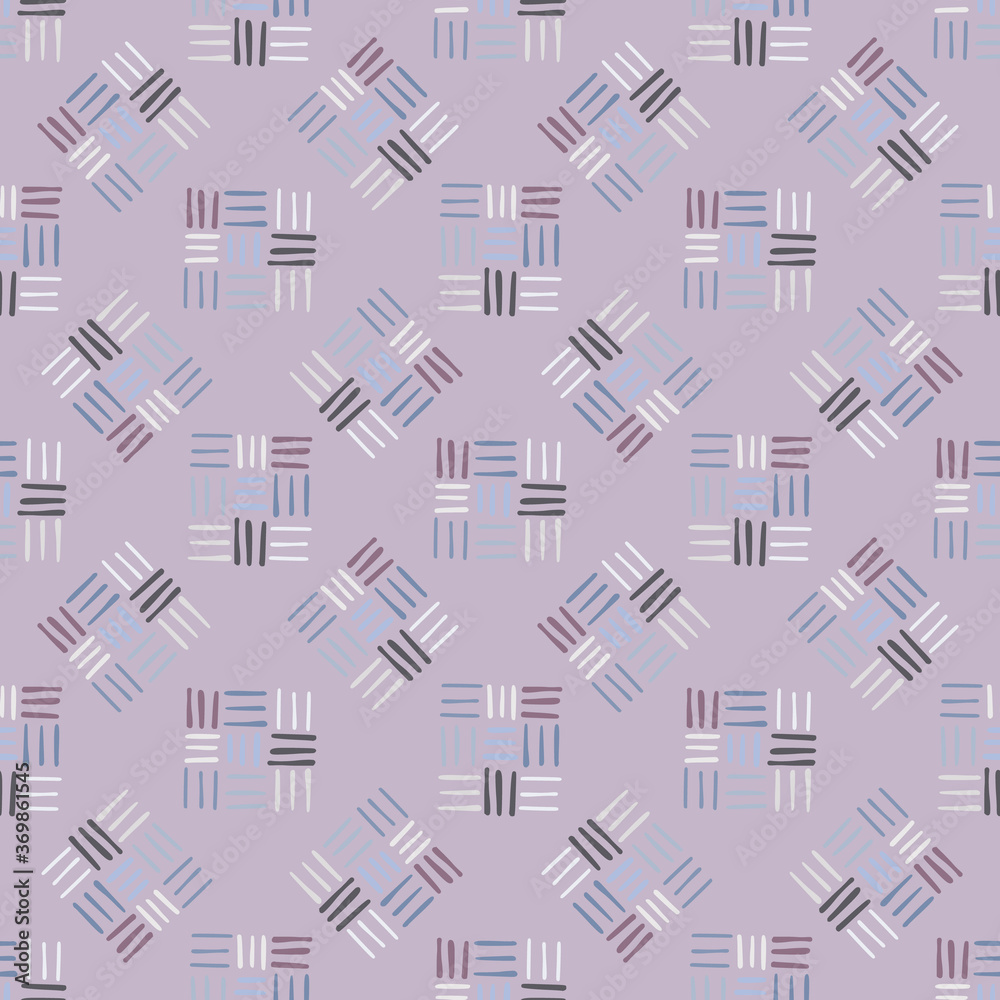 Dash ornament seamless simple pattern. Little pastel line elements on soft violet background.