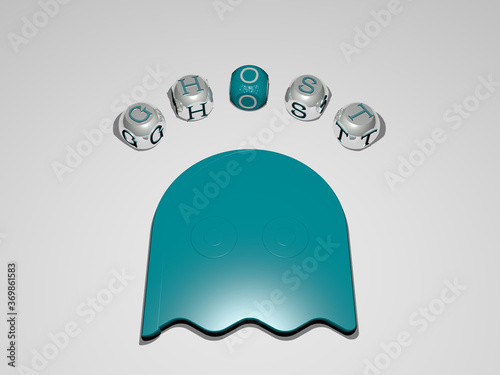 3D illustration of GHOST graphics and text around the icon made by metallic dice letters for the related meanings of the concept and presentations. halloween and background photo