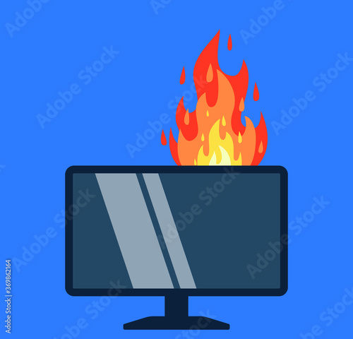 tv is burning, fire damaged tv.Conceptual vector illustration in flat style design.