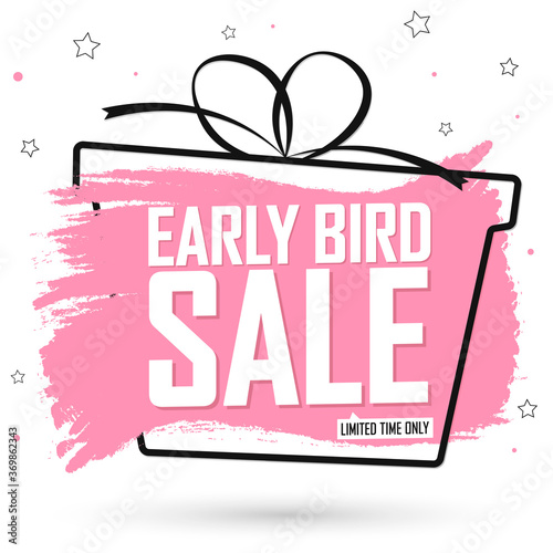 Early Bird Sale, banner design template, discount tag, grunge brush, Chirstmas gift box, vector illustration