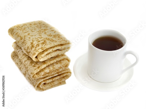 Baked spring rolls wrapped in an envelope And white cup with coffee on a white saucer on a white background