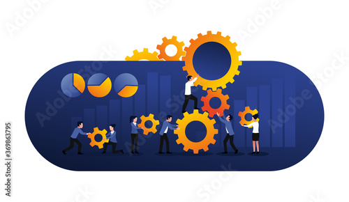 People team with gears - business management and working process conceptual illustration with diagrams and charts on background - isolated vector conceptual illustration