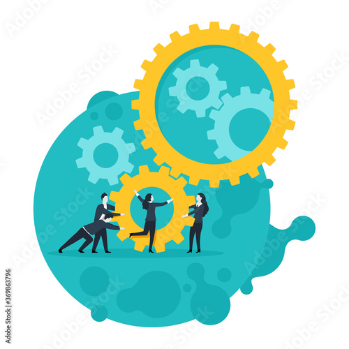 People team with gears - business management and working process conceptual illustration - isolated vector concept