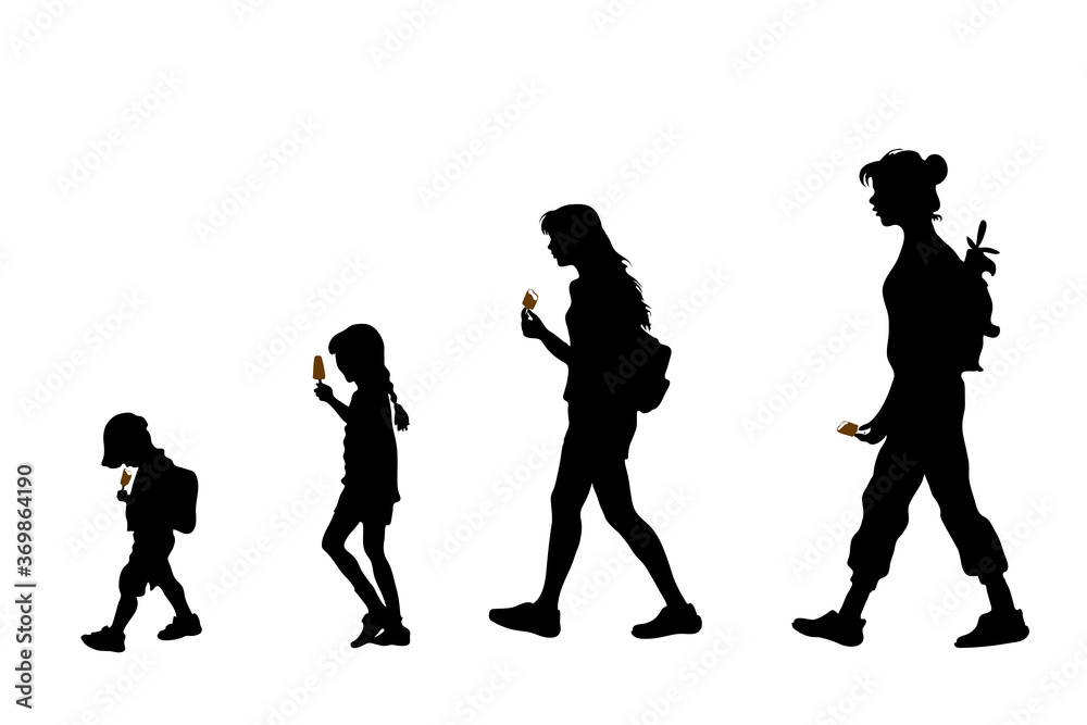 Vector silhouettes of people of different ages. Children go and eat chocolate popsicle ice cream. Little boy in a baseball cap. Teenage girl with ice cream on a stick. Passers-by pedestrians 4 figures