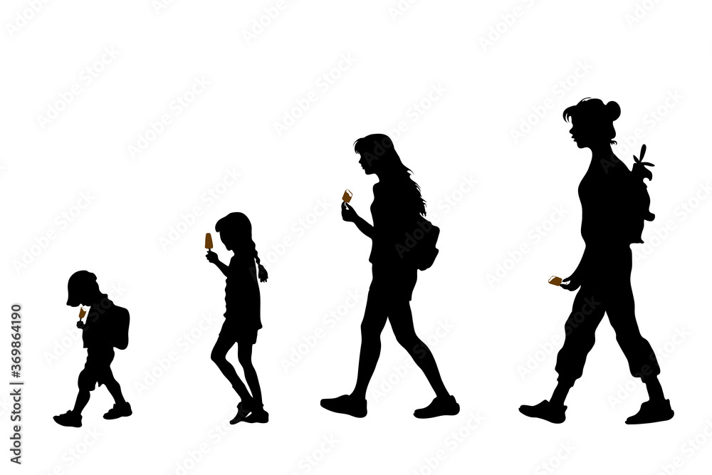 Obraz premium Vector silhouettes of people of different ages. Children go and eat chocolate popsicle ice cream. Little boy in a baseball cap. Teenage girl with ice cream on a stick. Passers-by pedestrians 4 figures