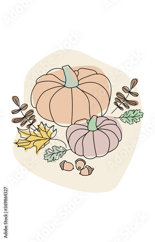 Autumn composition in merged line art. Pumpkins, autumn leaves and acorns. Modern hand-drawn minimalist image.For a gift card, poster, your creative design. Vector illustration isolated on white.