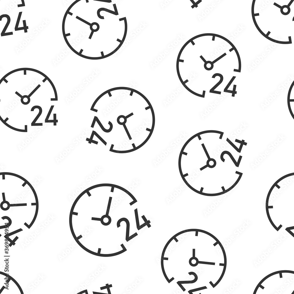 Clock 24/7 icon in flat style. Watch vector illustration on white isolated background. Timer seamless pattern business concept.