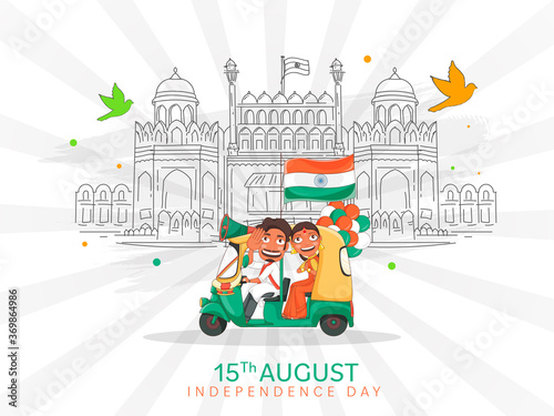 Indian Man Driving Auto with Woman Doing Namaste, Indian Flag, Balloons and Line Art Red Fort Monument on White Rays Background for 15th August Celebration.