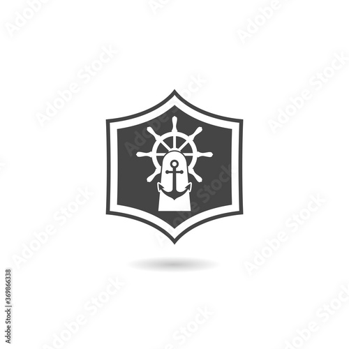 Badge with ship steering wheel icon with shadow