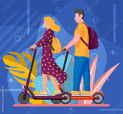 Young woman and man on kick scooter. Girl and guy with backpack rolling on electric scooter. Hipster character uses modern urban transport. Ecological city transportation. Flat vector illustration