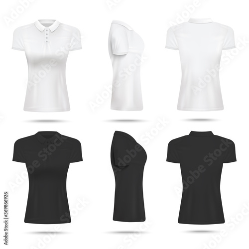 Women white and black polo shirt realistic vector mockups illustration isolated.