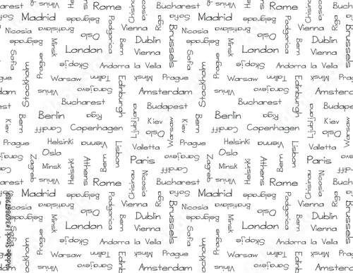 Capitals of Europe countries. Vector seamless pettern background. Travel world. text print.