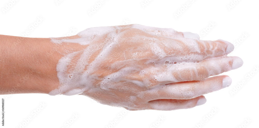 Hand with soap foam, isolated on white background. Hand with soap foam, isolated on white background.