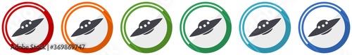 Ufo, alien spaceship icon set, flat design vector illustration in 6 colors options for webdesign and mobile applications
