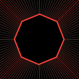 Abstract red octagonal  frame with rays on black background, flat design, vector illustration, template.