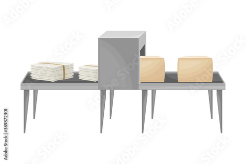 Recycling Paper Conveyor Line with Piles of Waste Paper Turning into New Product Vector Illustration