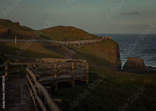 Wooden boardwalk built on the side of cliffs in Australia, in the soft evening light