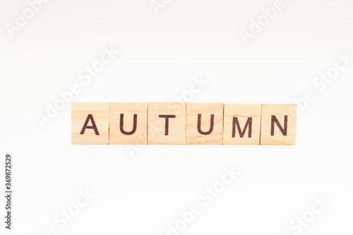 Word AUTUMN made of wooden blocks on white background. Concept Seasons of year
