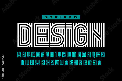Striped design style font, alphabet letters and numbers