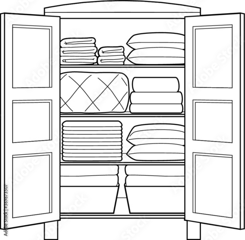A vector line art illustration of a vintage style linen closet