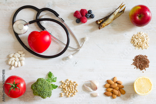 Selection food good for heart with stethoscope, healthy diet concept