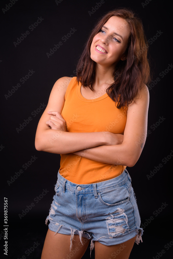 Portrait of happy young beautiful woman with brown hair Portrait of happy young beautiful woman with brown hair