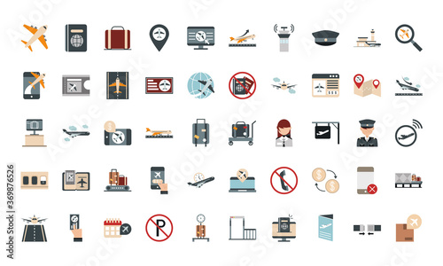 airport travel transport terminal tourism or business plane passport suitcase computer mobile hat ticket world flat style icons set