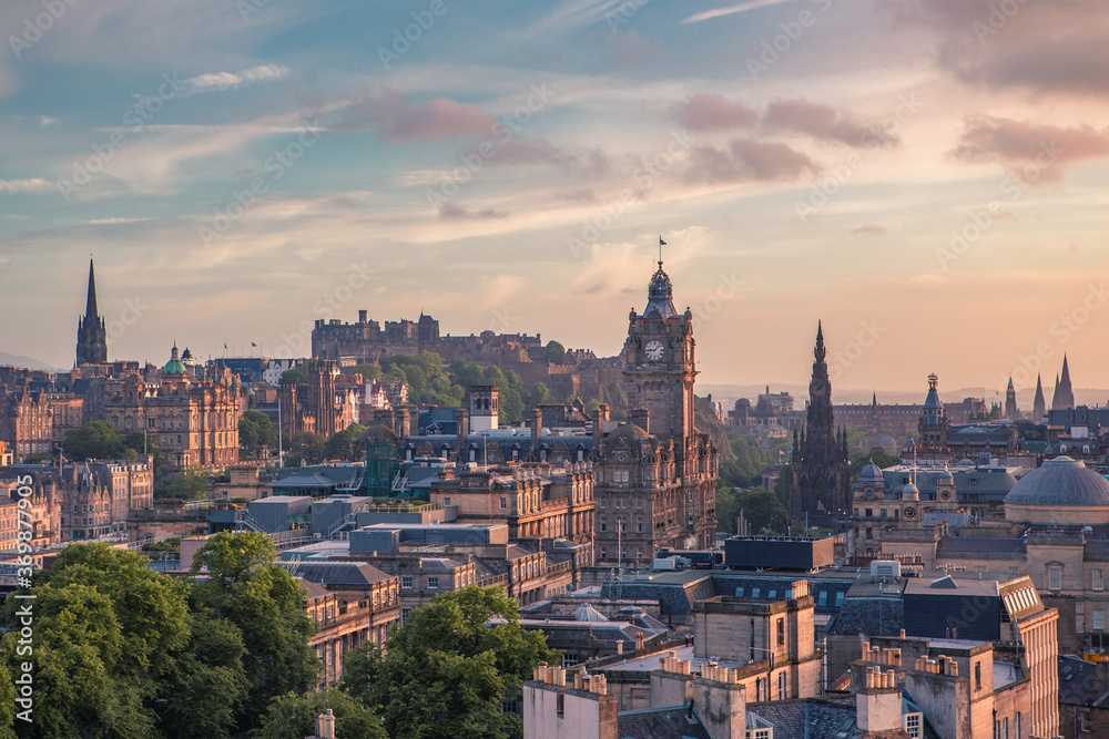 The sunset view of Edinburgh, the capital city in Scotland.