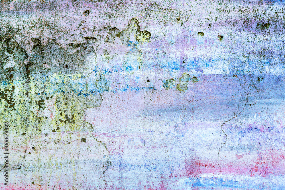 Obraz premium Abstract creative background of chaotic strokes of old cracked paint on concrete wall. Old surface with traces of paint, weathered, scratches and cracks for design
