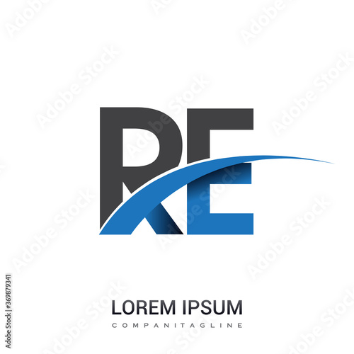 initial letter RE logotype company name colored blue and grey swoosh design. vector logo for business and company identity.