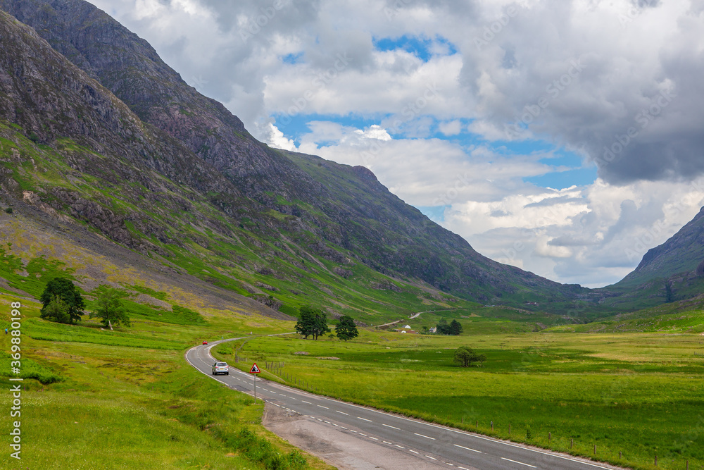 The mountain landscape in Glencoe, a valley in Highlands, Scotland.