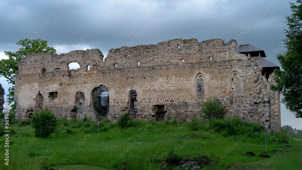 Medieval Castle Ruins in Latvia Rauna. Old Stoune Brick Wall of Raunas Castle Where Was Living Archbishop in Middle Age in Latvia.
