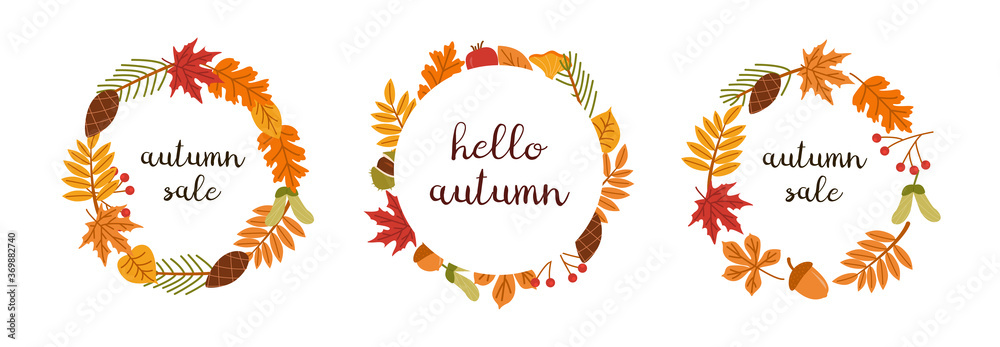 Set of circular frame, garland, wreath or border made of fallen dried leaves, acorns, cones. Hello Autumn, Autumn Sale lettering handwritten with cursive calligraphic font. Natural vector illustration Set of circular frame, garland, wreath or border made of fallen dried leaves, acorns, cones. Hello Autumn, Autumn Sale lettering handwritten with cursive calligraphic font. Natural vector illustration